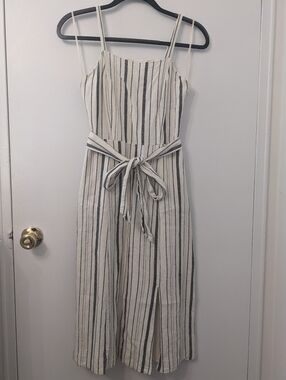 RACHEL Rachel Roy White and Gray Striped Spaghetti-Strap Linen Dress | Size 2